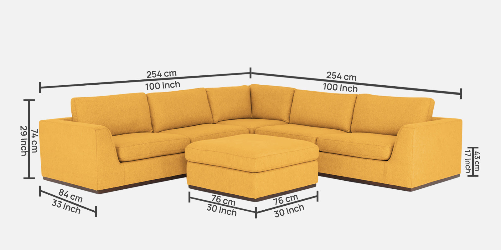 Freedom Velvet 6 Seater LHS Corner Sofa In Turmeric Yellow Colour With Ottoman - Febonic Living