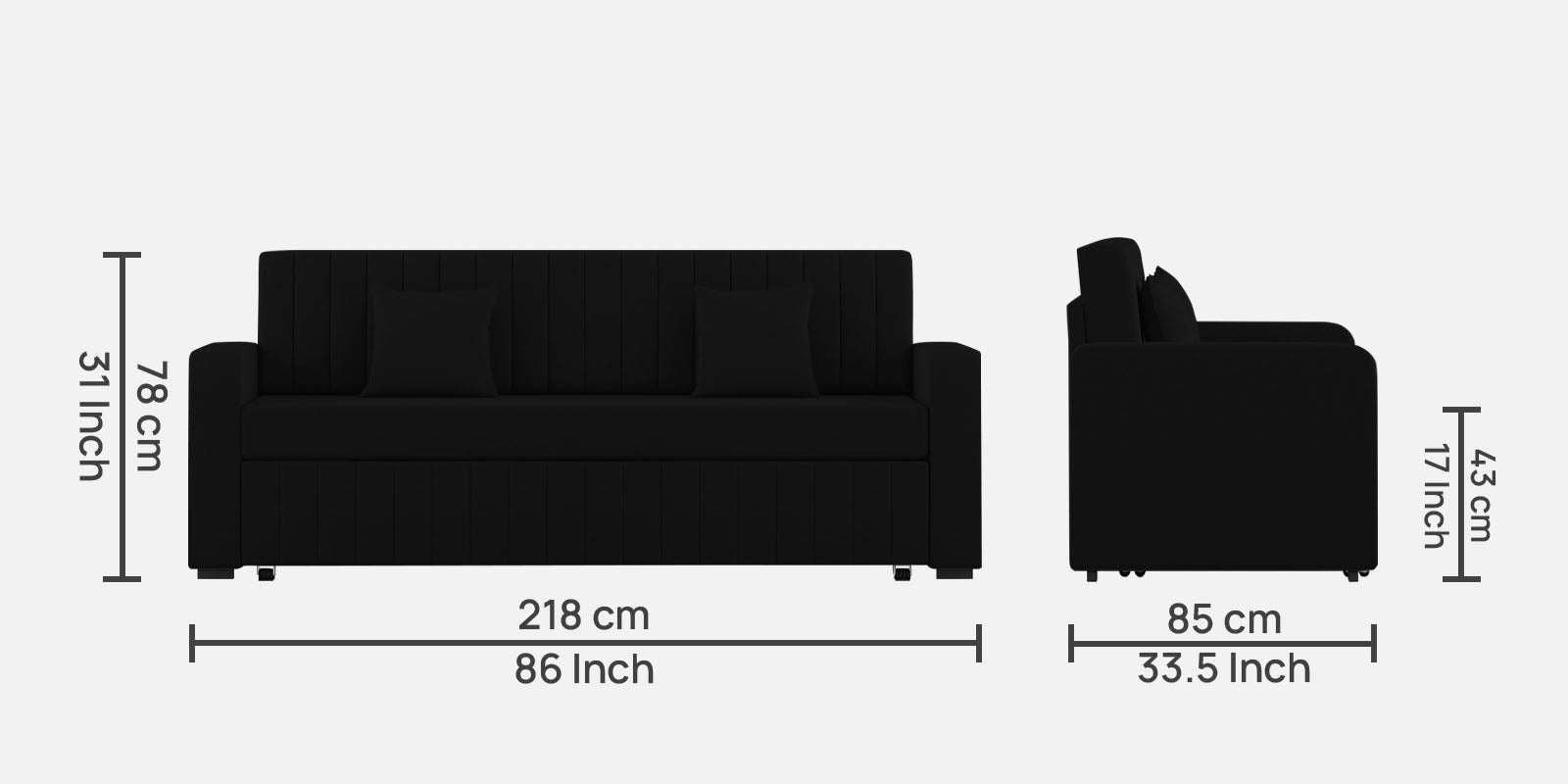 Calra Fabric 3 Seater Pull Out Sofa Cum Bed In Zed Black Colour With Storage - Febonic Living