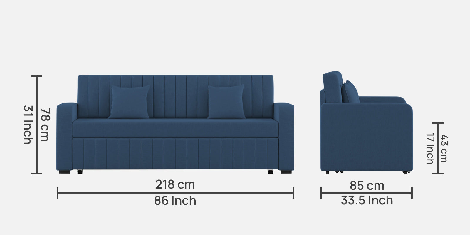 Calra Fabric 3 Seater Pull Out Sofa Cum Bed In Light Blue Colour With Storage - Febonic Living
