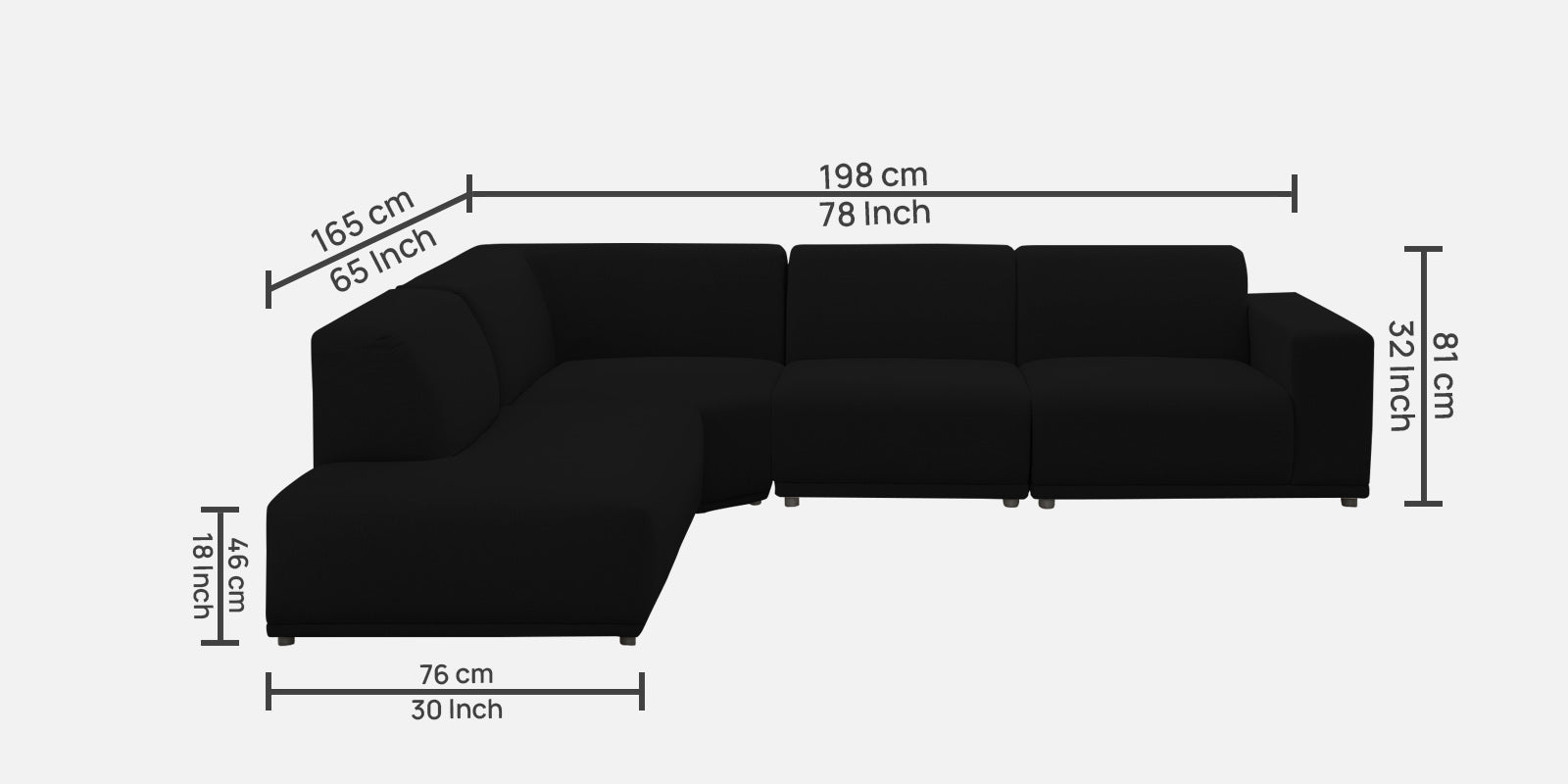 Adam Fabric RHS Sectional Sofa (3+Ottoman Lounger) In Zed Black Colour - Febonic Living