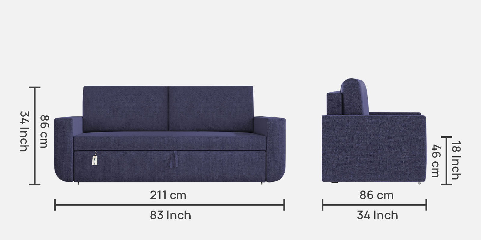 Grace Fabric 3 Seater Pull Out Sofa Cum Bed In Slate Blue Colour With Storage - Febonic Living