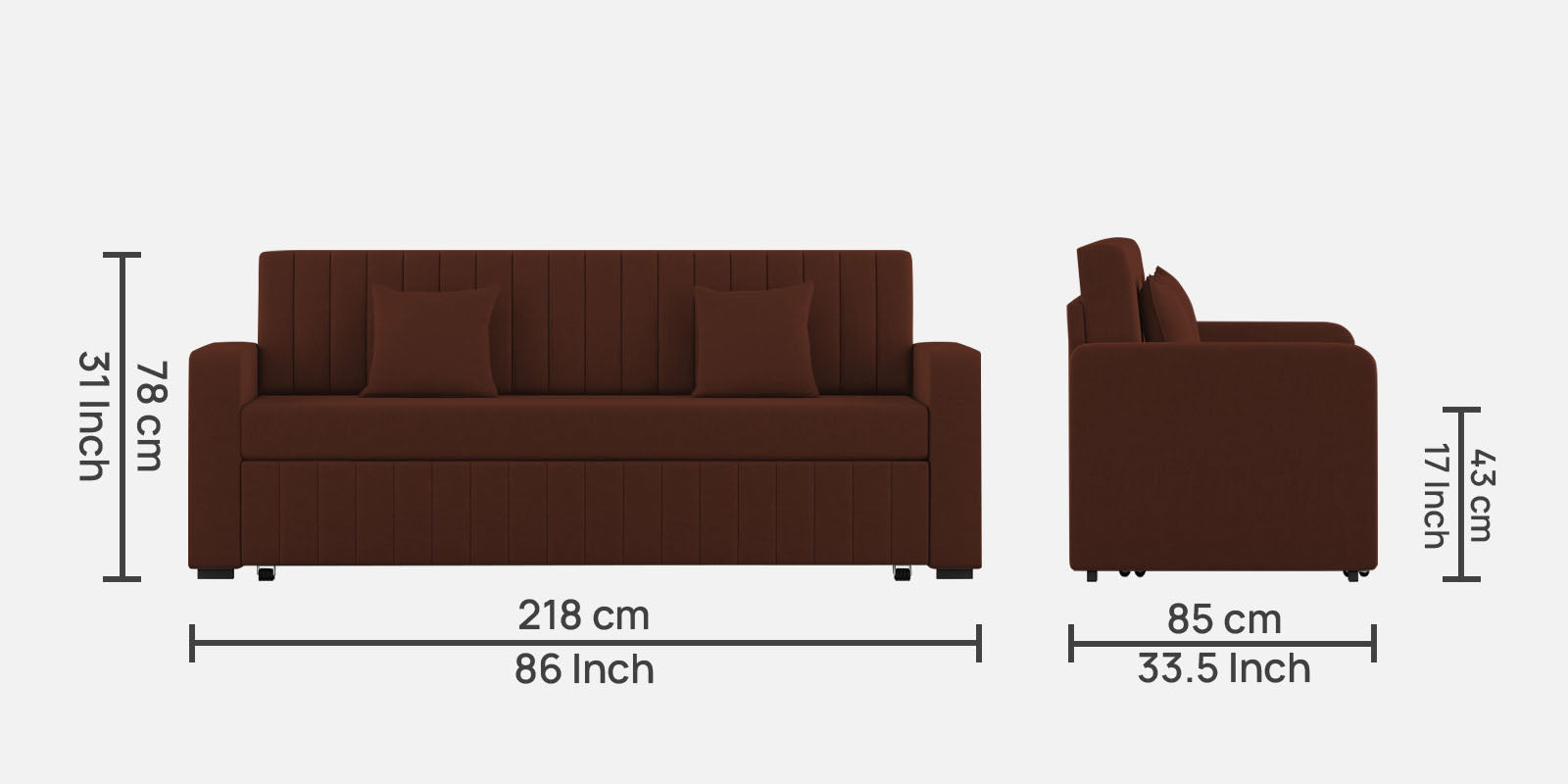 Calra Fabric 3 Seater Pull Out Sofa Cum Bed In Coffee Brown Colour With Storage - Febonic Living
