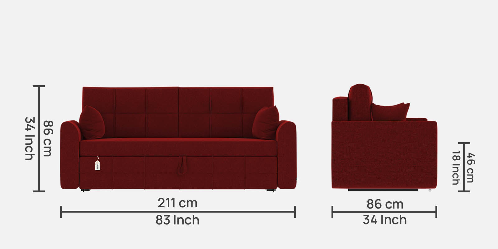 Ines Fabric 3 Seater Pull Out Sofa Cum Bed In Blood Maroon Colour With Storage - Febonic Living