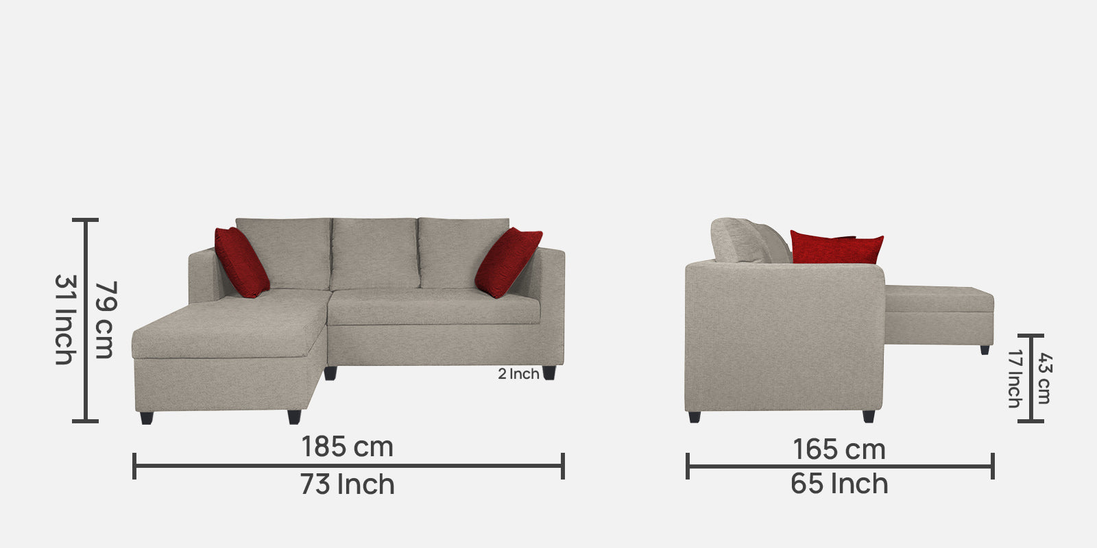 Nebula Fabric RHS Sectional Sofa (2+Lounger) In Ash Grey Colour - Febonic Living