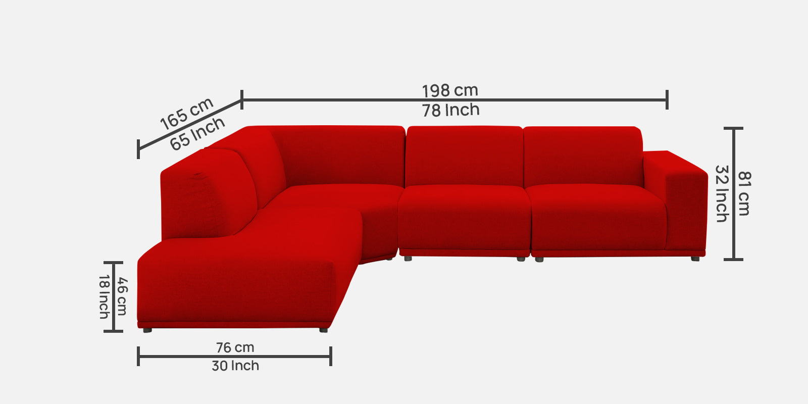 Adam Fabric RHS Sectional Sofa (3+Ottoman Lounger) In Ruby Red Colour - Febonic Living