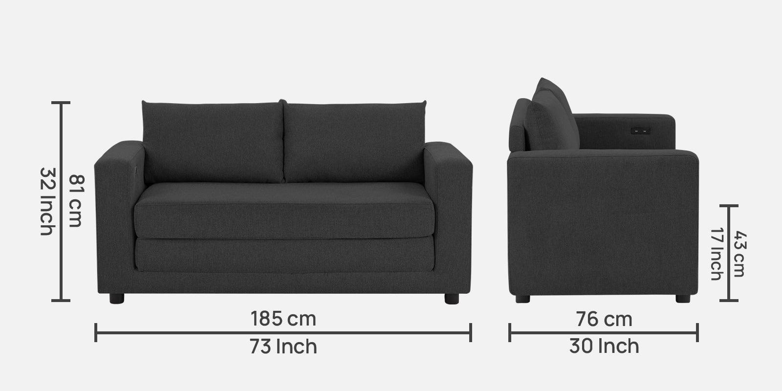 Roman Fabric 3 Seater Foldable Sofa Cum Bed In Charcoal Grey Colour With USB Portable Type - Febonic Living