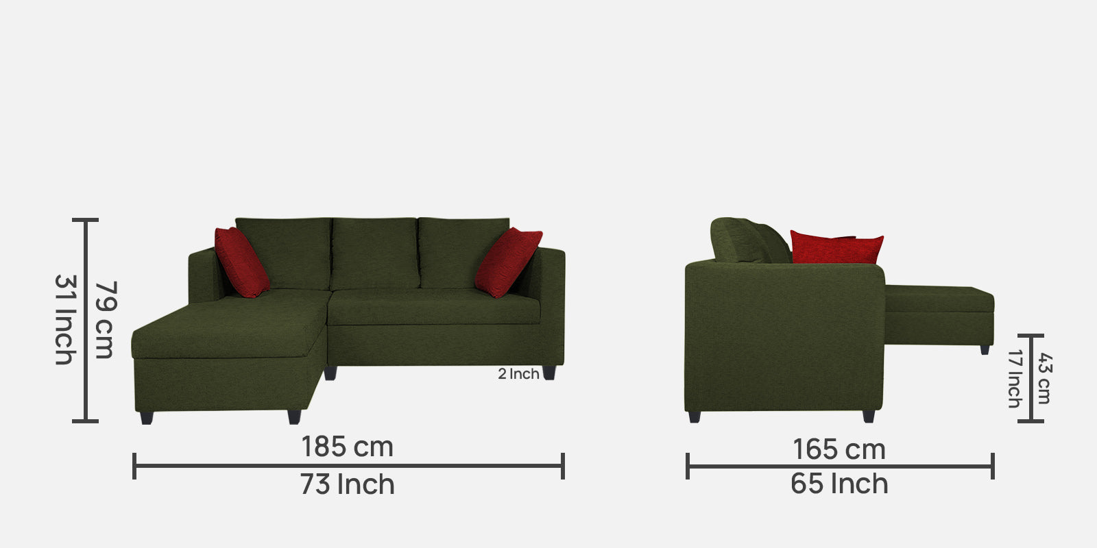 Nebula Fabric RHS Sectional Sofa (2+Lounger) In Olive Green Colour - Febonic Living