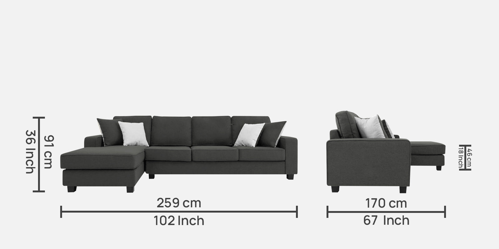 Ladybug Fabric RHS Sectional Sofa (3+Lounger) In Charcoal Grey Colour - Febonic Living