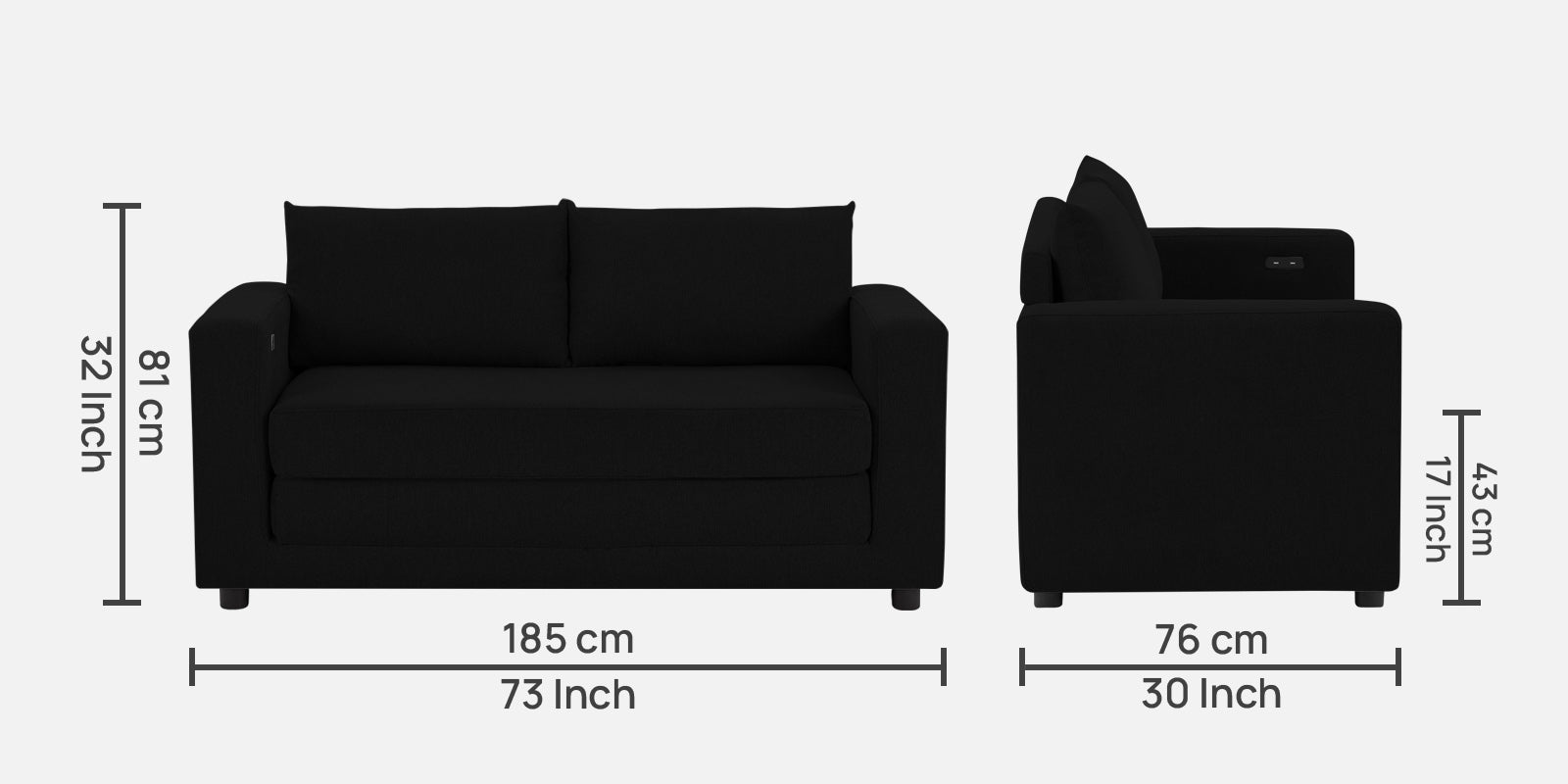 Roman Fabric 3 Seater Foldable Sofa Cum Bed In Zed Black Colour With USB Portable Type - Febonic Living