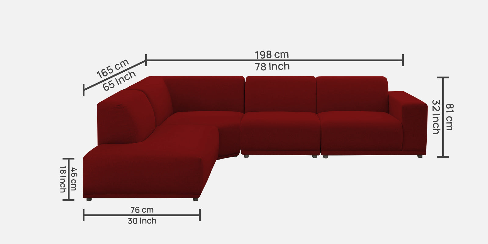 Adam Fabric RHS Sectional Sofa (3+Ottoman Lounger) In Blood Maroon Colour - Febonic Living