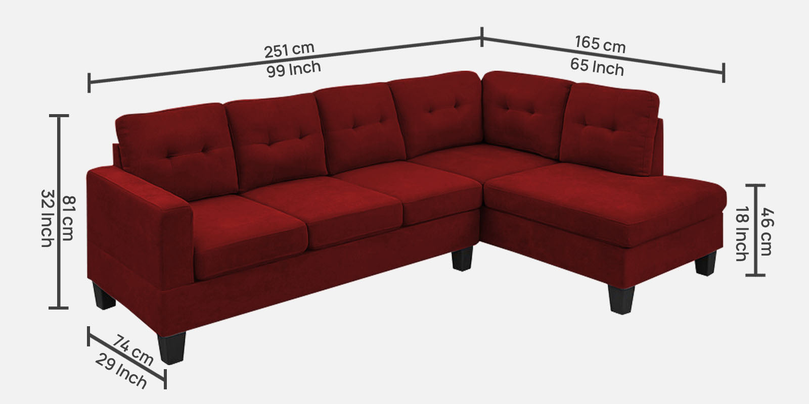 Thomas Fabric LHS Sectional Sofa (3+Lounger) In Blood Maroon Colour - Febonic Living