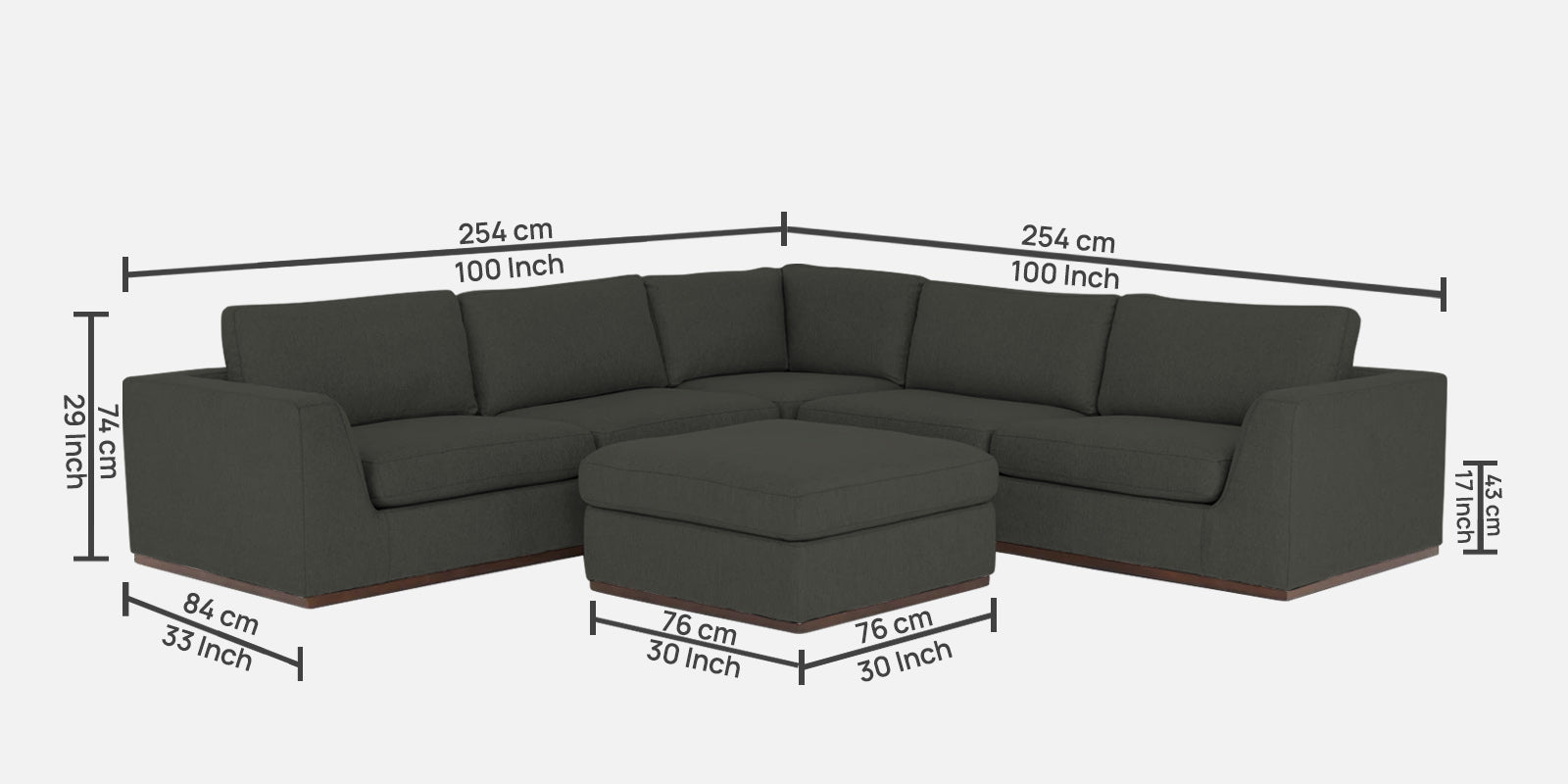 Freedom Velvet 6 Seater LHS Corner Sofa In Hory Grey Colour With Ottoman - Febonic Living