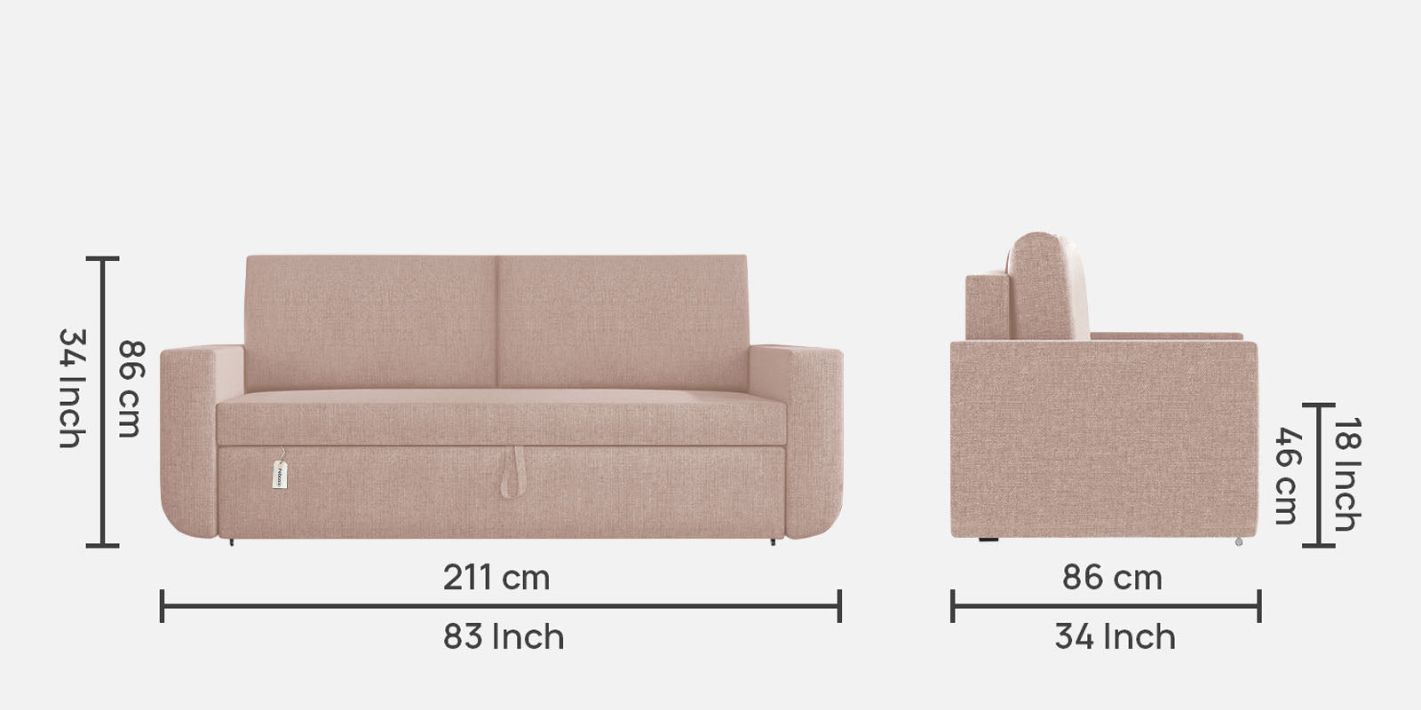 Grace Fabric 3 Seater Pull Out Sofa Cum Bed In Woom Beige Colour With Storage - Febonic Living