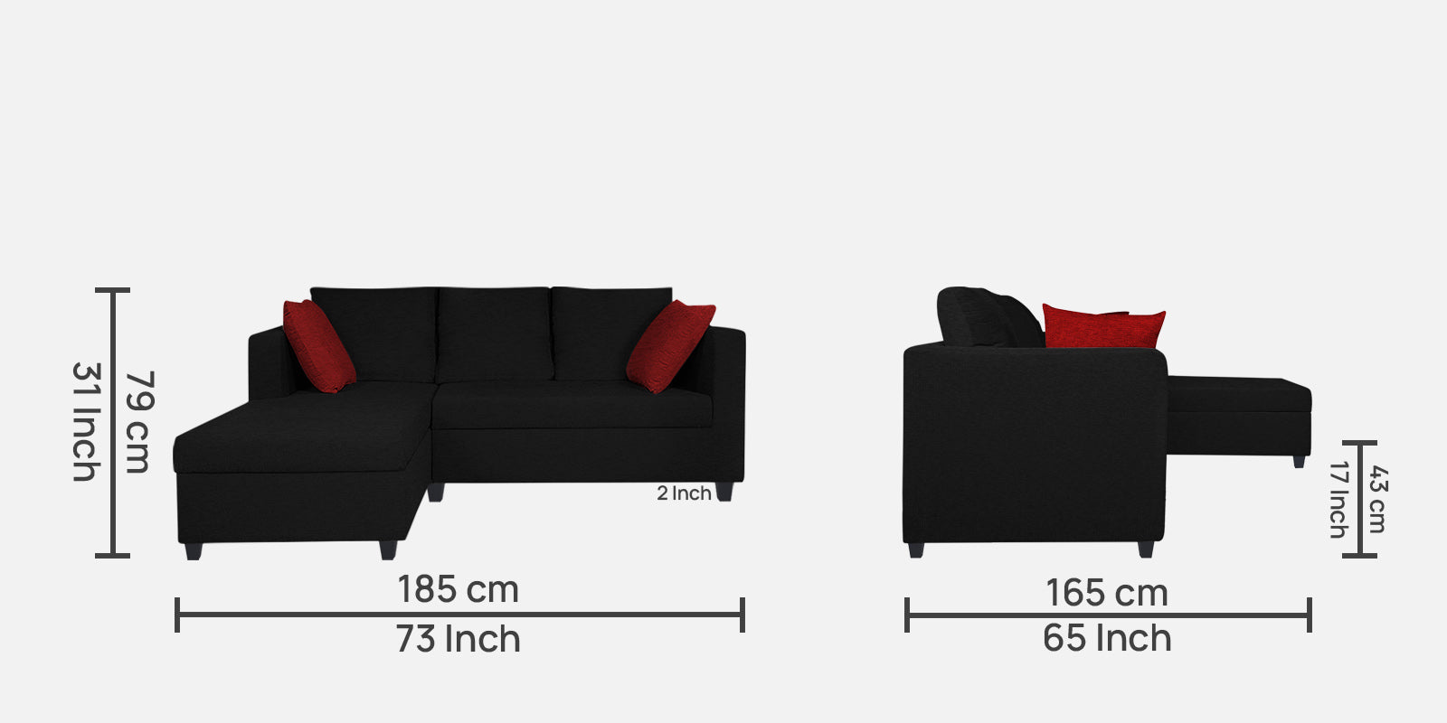Nebula Fabric RHS Sectional Sofa (2+Lounger) In Zed Black Colour - Febonic Living