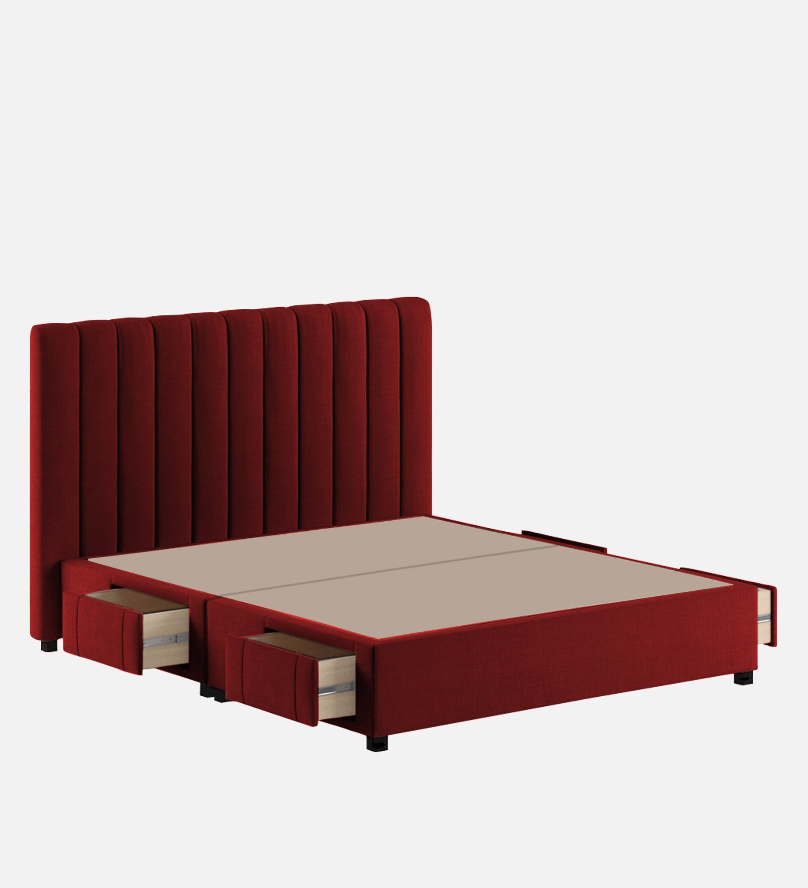 Nivi Fabric Upholstered Queen Size Bed In Blood Maroon Colour With Drawer Storage - Febonic Living
