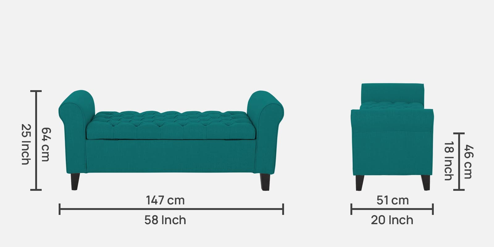 Nowia Fabric 3 Seater Recamier In Sea Green Colour With Storage - Febonic Living