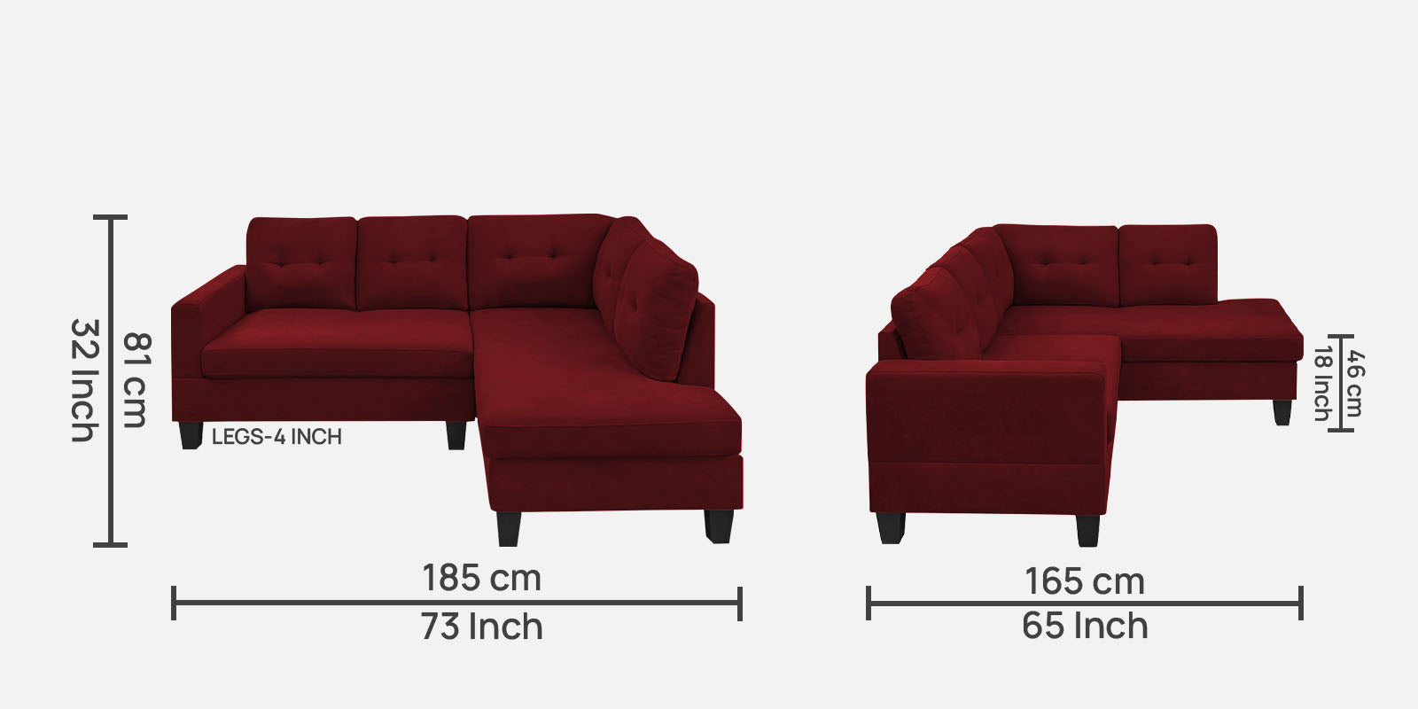 Thomas Fabric LHS Sectional Sofa (2+Lounger) In Blood Maroon Colour - Febonic Living