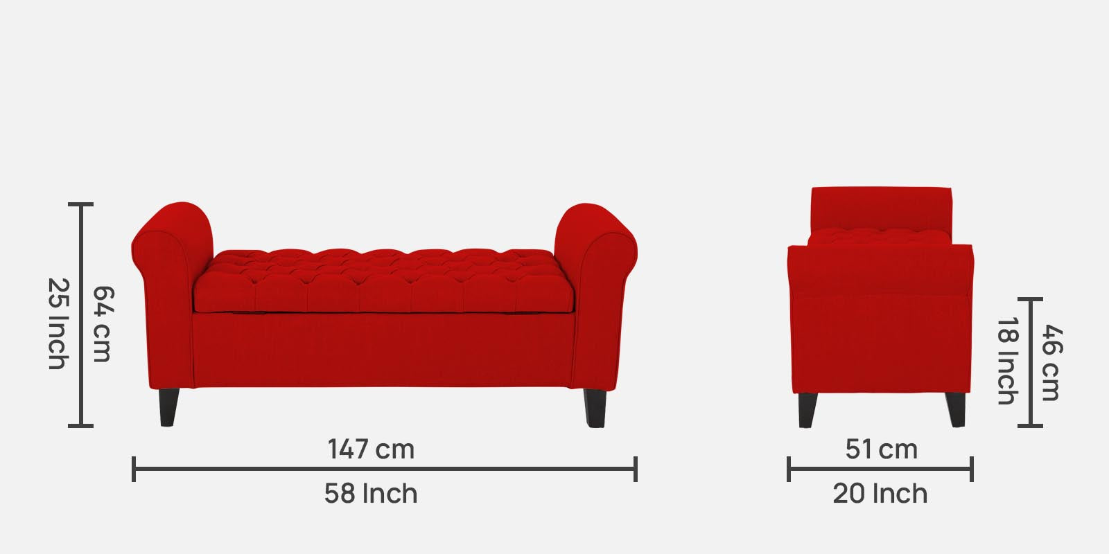 Nowia Fabric 3 Seater Recamier In Ruby Red Colour With Storage - Febonic Living