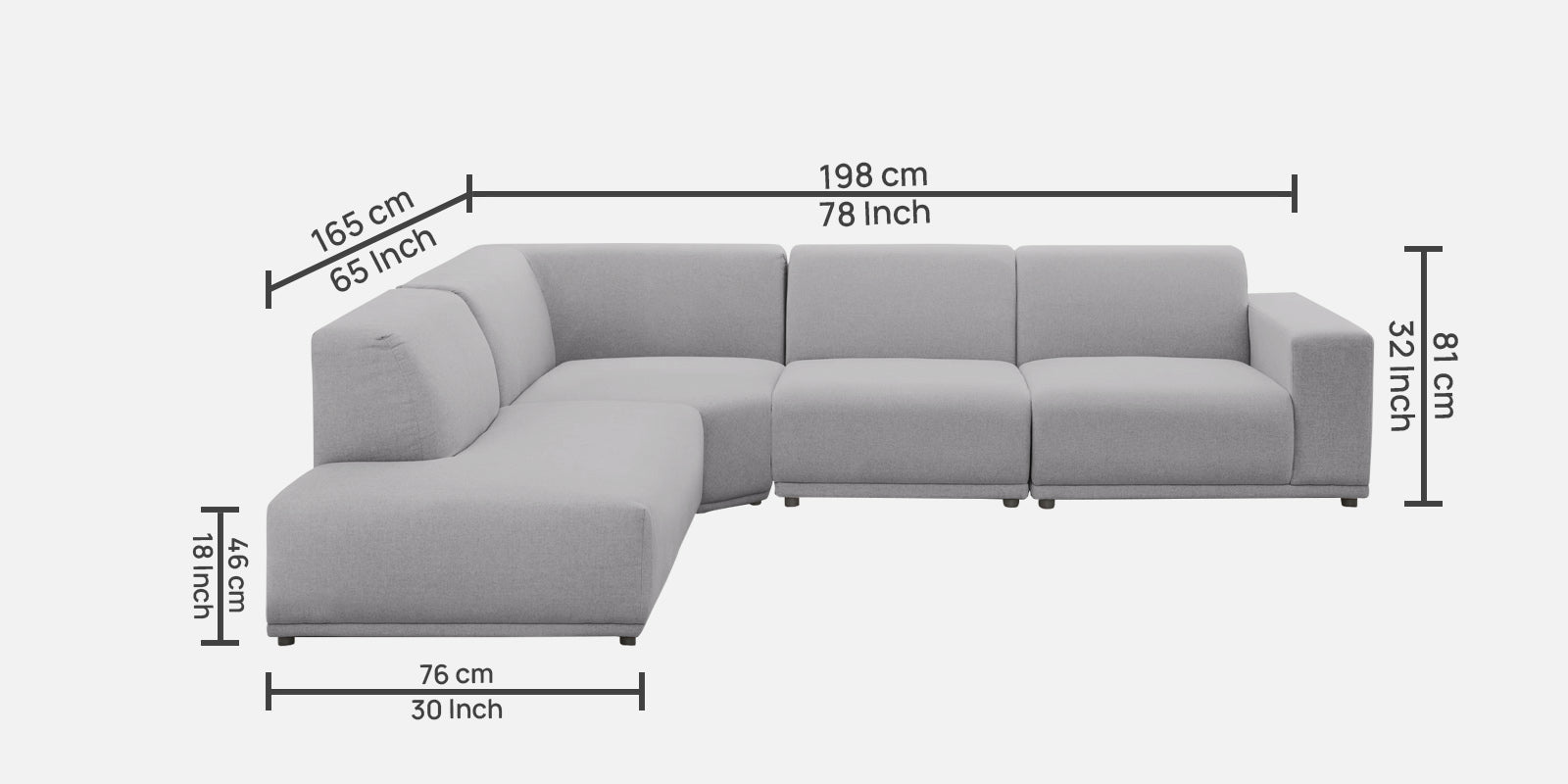 Adam Fabric RHS Sectional Sofa (3+Ottoman Lounger) In Lit Grey Colour - Febonic Living
