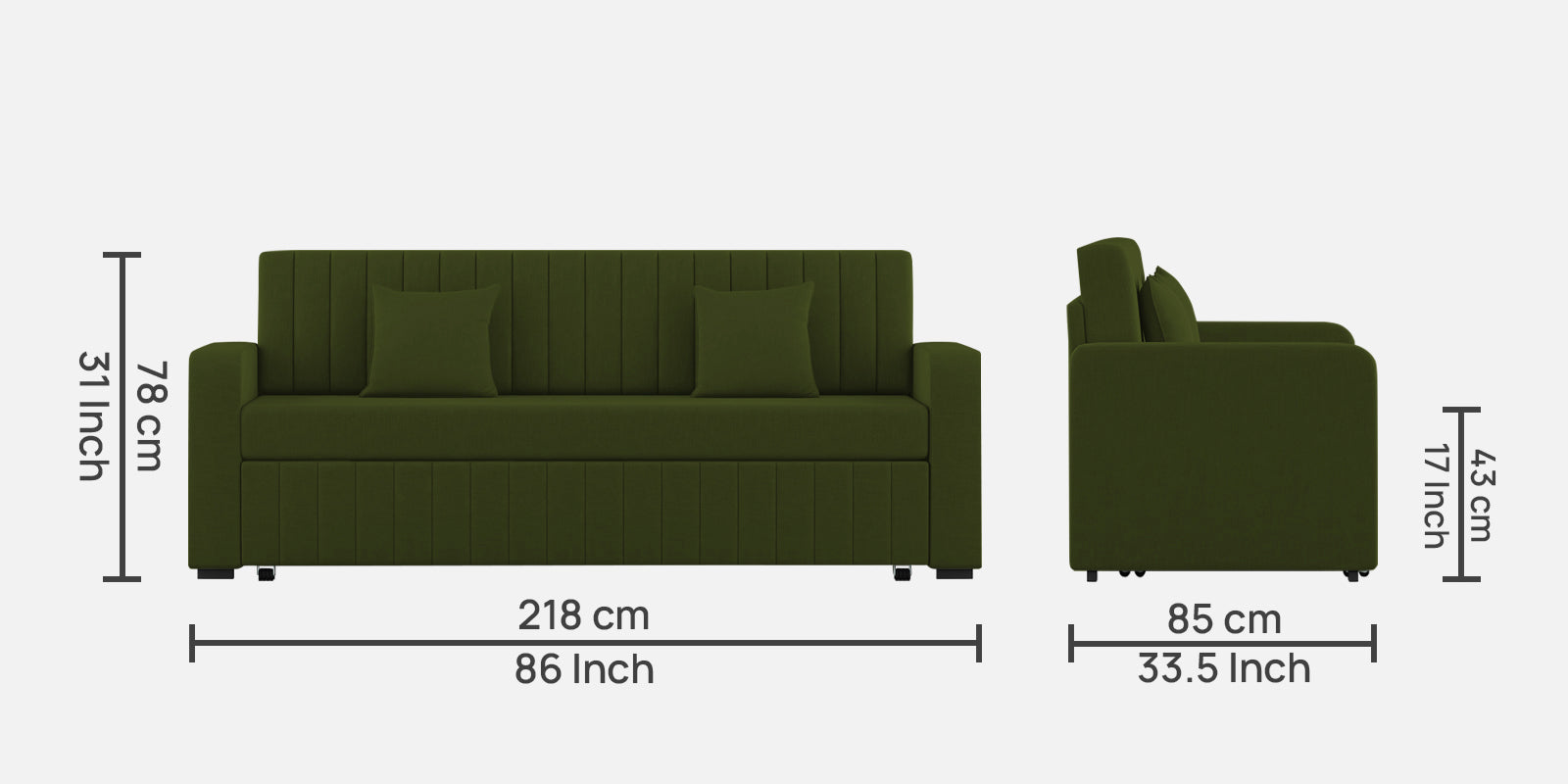 Calra Fabric 3 Seater Pull Out Sofa Cum Bed In Olive green Colour With Storage - Febonic Living