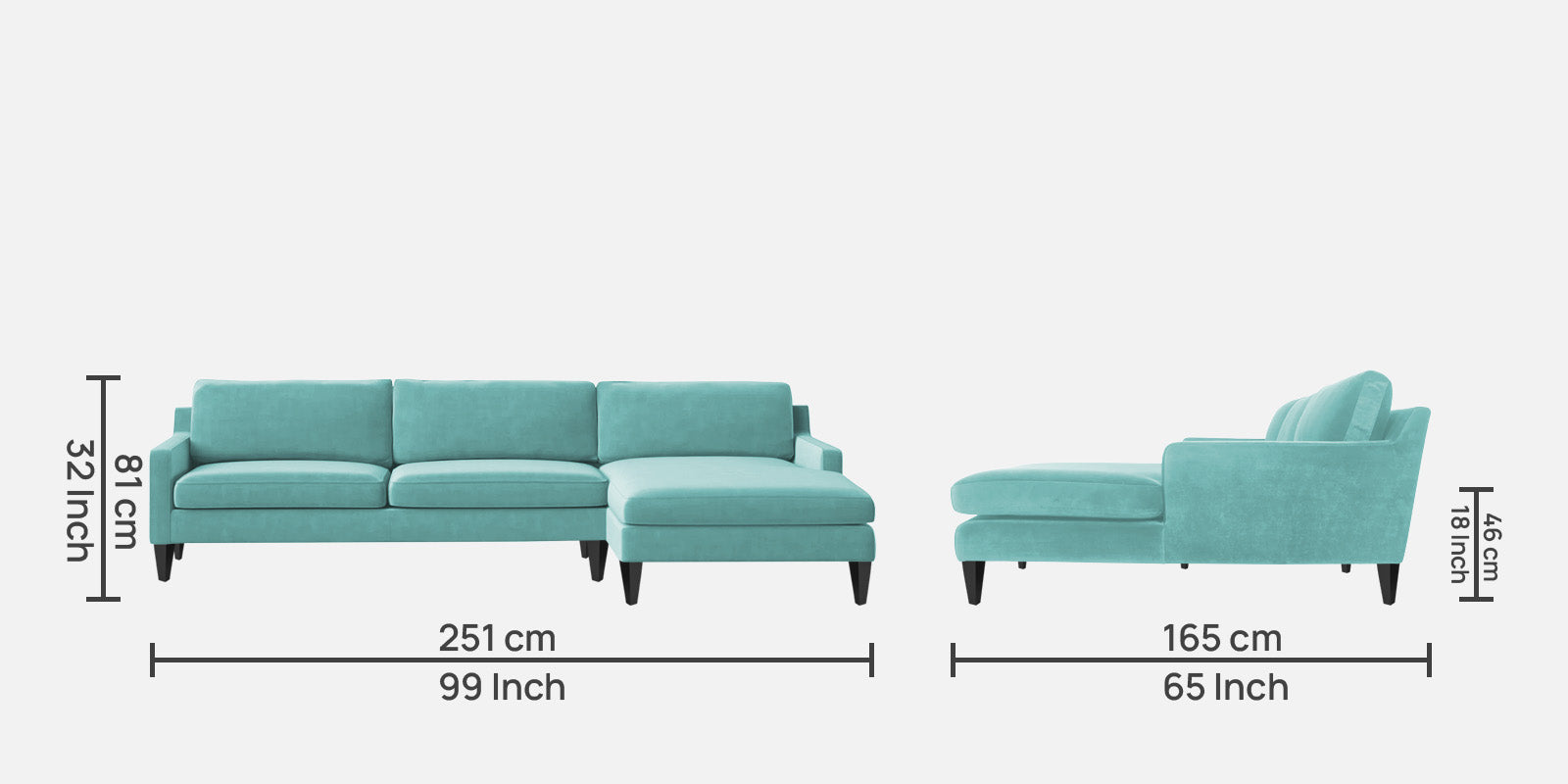Jones Velvet LHS Sectional Sofa (3+Lounger) In Barmunda Aqua Colour - Febonic Living