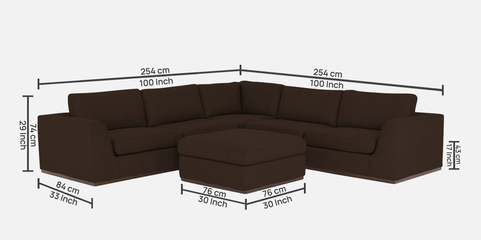 Freedom Velvet 6 Seater LHS Corner Sofa In Cholocate Brown Colour With Ottoman - Febonic Living