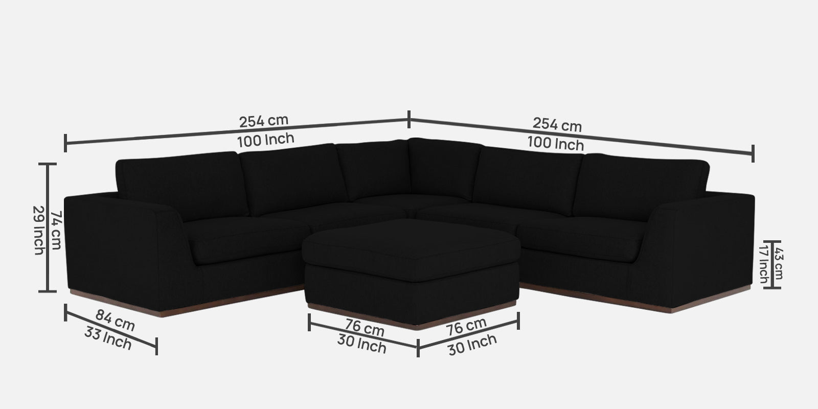 Freedom Velvet 6 Seater RHS Corner Sofa In Adam Black Colour With Ottoman - Febonic Living