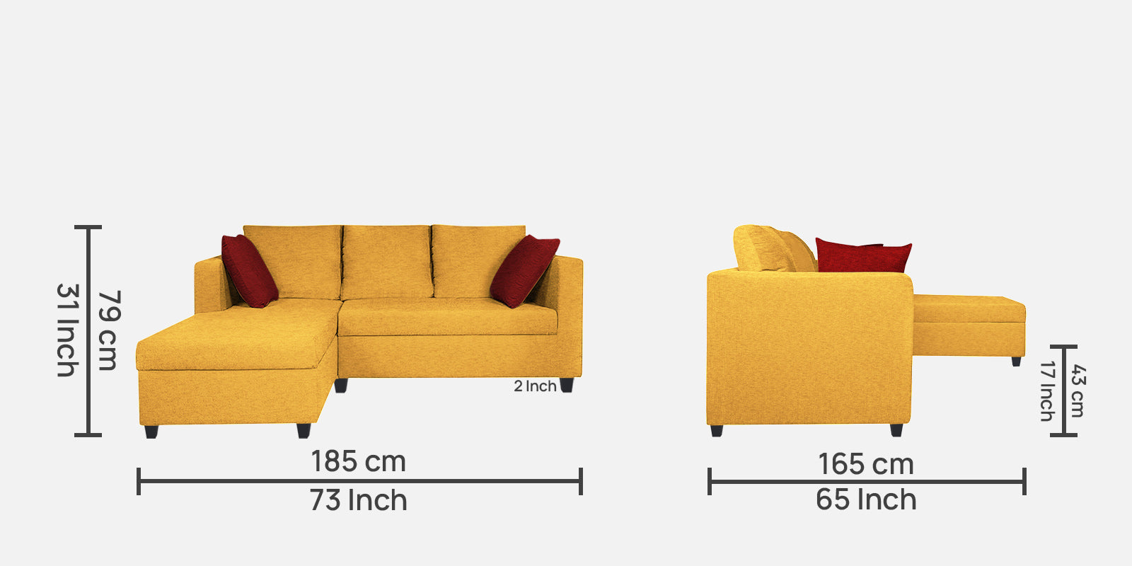 Nebula Fabric RHS Sectional Sofa (2+Lounger) In Bold Yellow Colour - Febonic Living