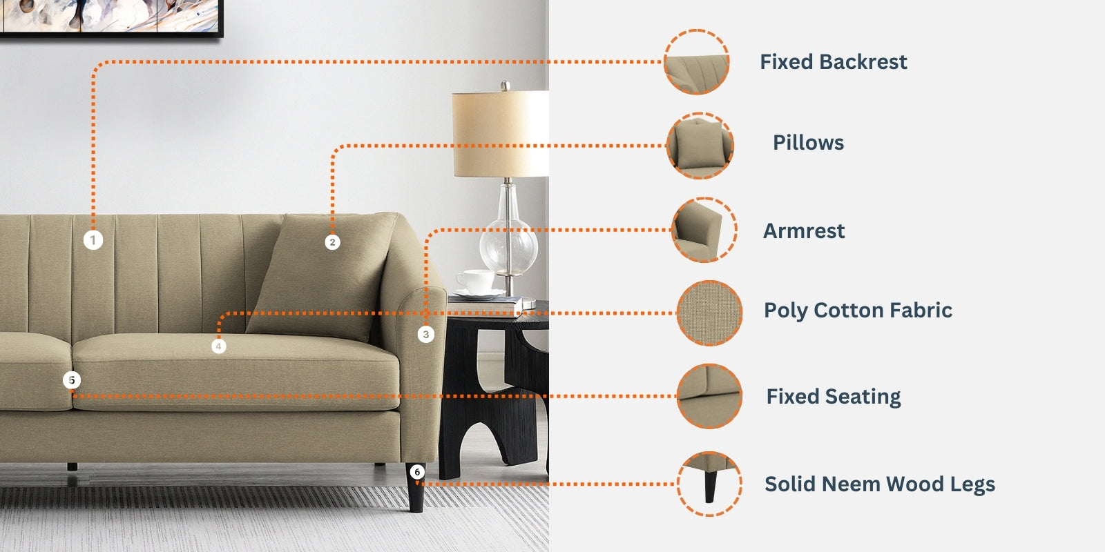 Polon Fabric 3 Seater Sofa In Stone Grey Colour - Febonic Living
