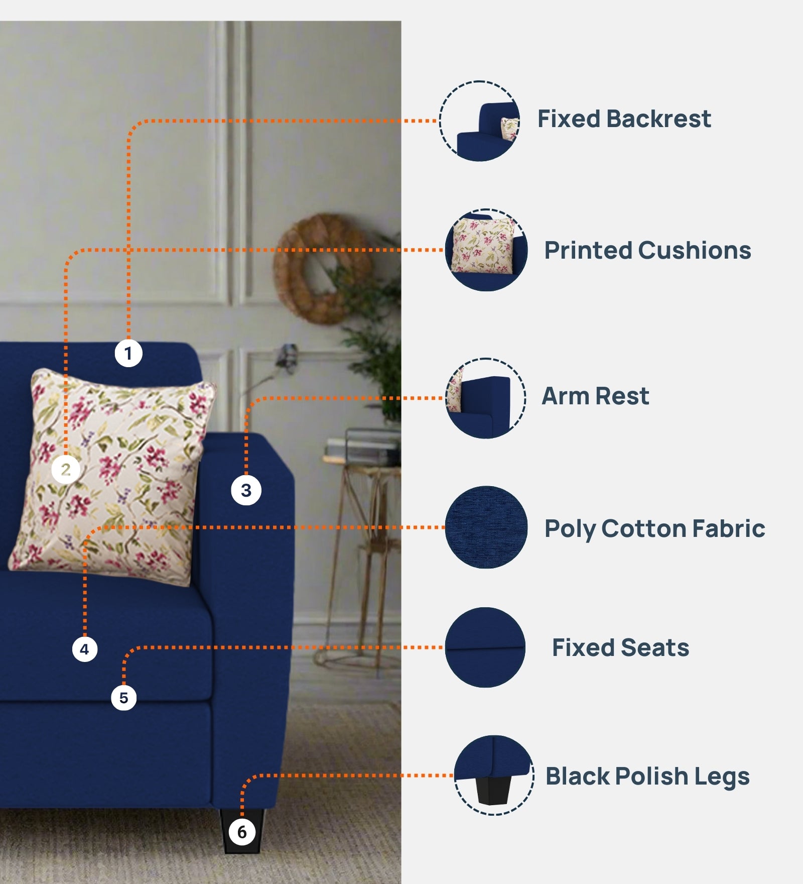 Gozi Fabric 1 Seater Sofa In Royal Blue Colour - Febonic Living