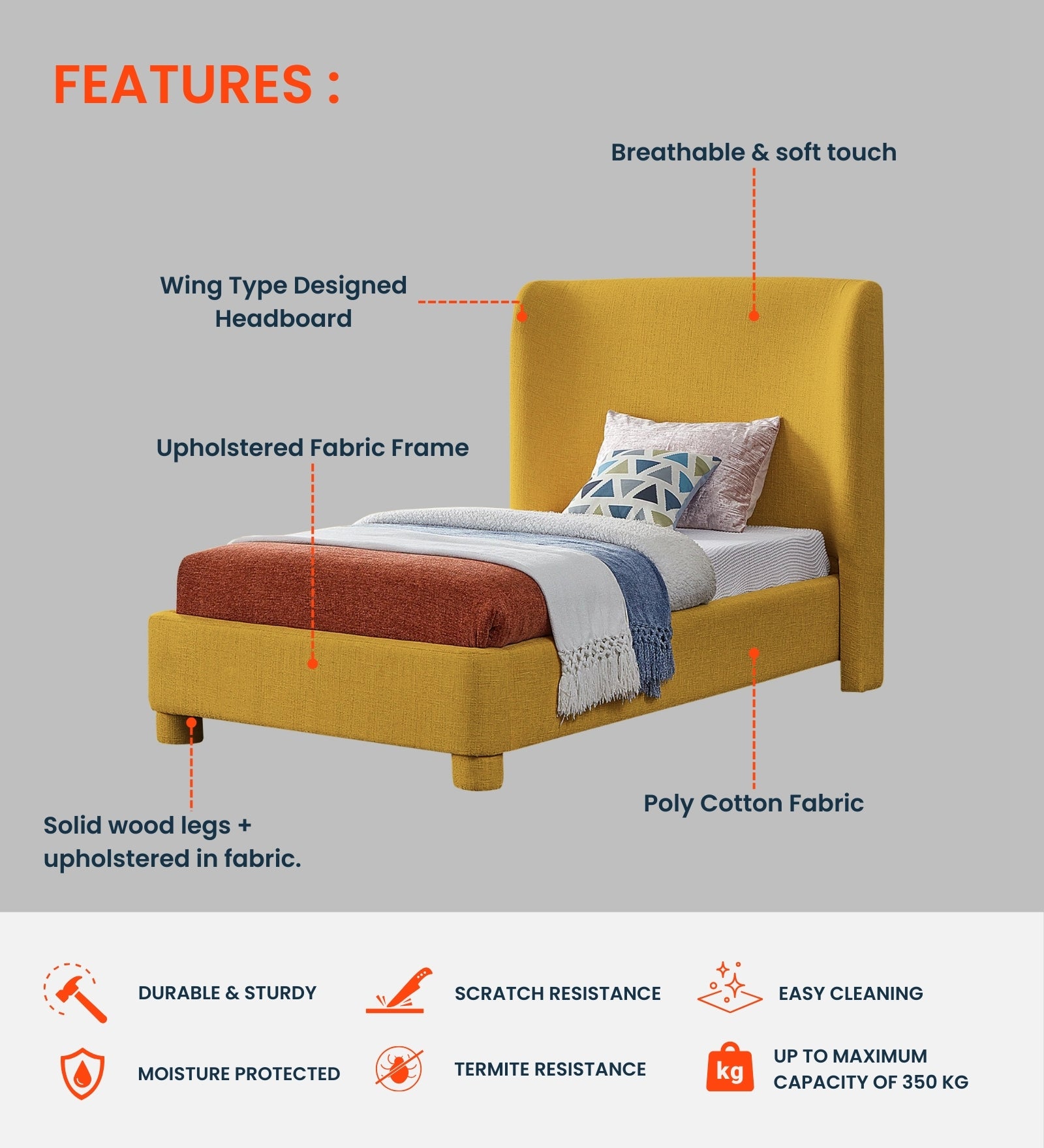 Lenny Fabric Upholstered Single Bed in Lit Grey Colour - Febonic Living
