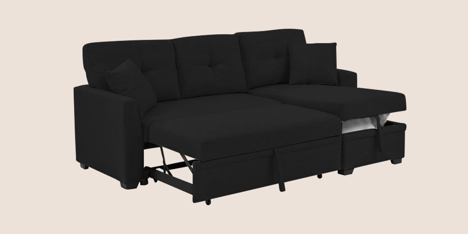 Jody Fabric 3 Seater Pull Out Sofa Cum Bed In Zed Black Colour With Storage - Febonic Living