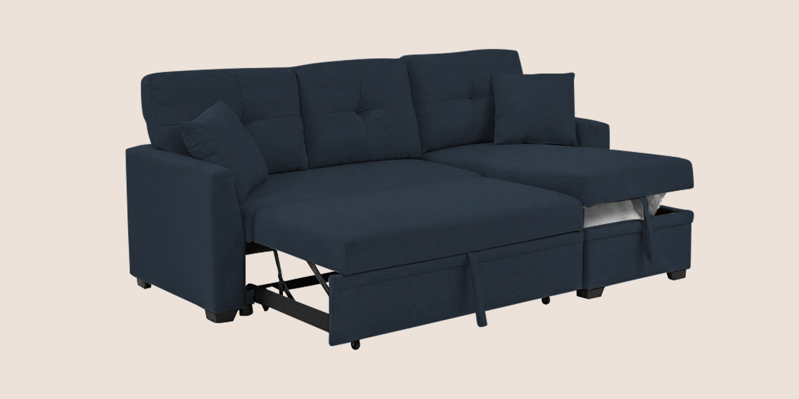 Jody Fabric 3 Seater Pull Out Sofa Cum Bed In Denim Blue Colour With Storage - Febonic Living