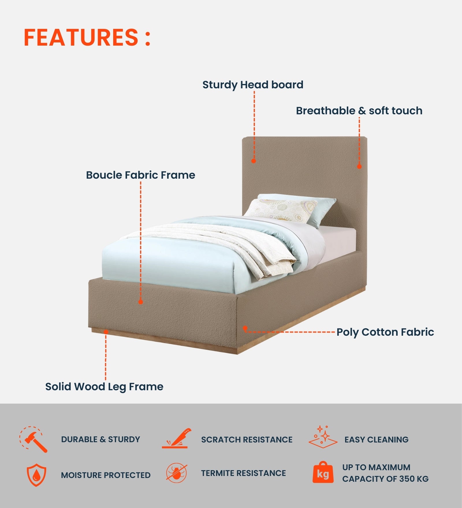 Eddy Boucle Fabric Single Bed in Mushroom Beige - Febonic Living