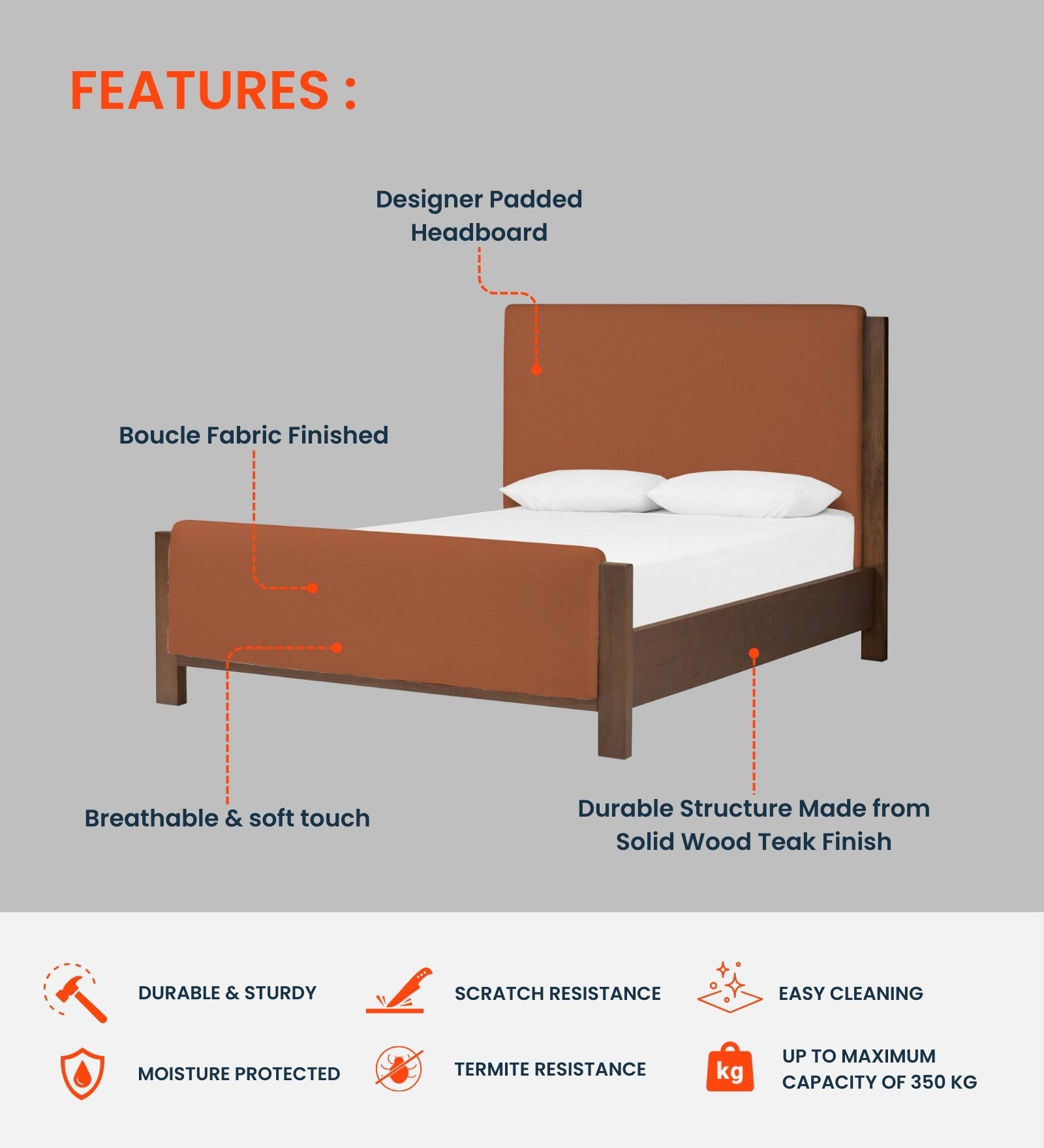 Zoro Boucle Fabric King Size Bed in Shadow Grey Colour - Febonic Living