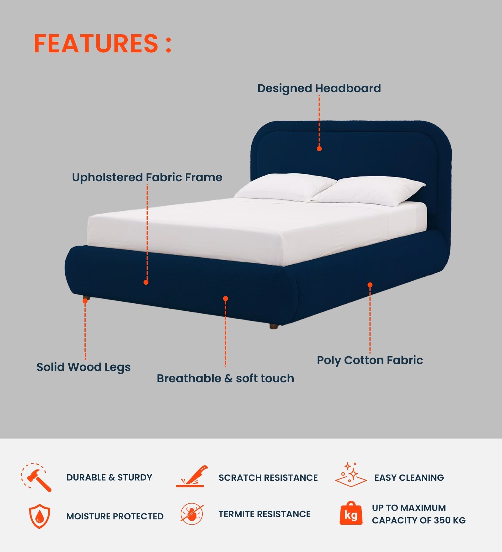 Nemo Boucle Fabric Queen Size Bed in Classic Blue Colour - Febonic Living