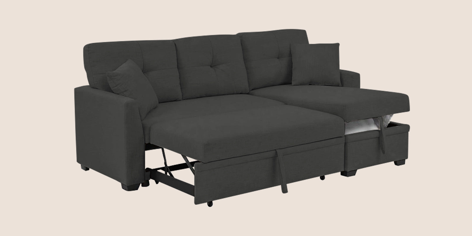 Jody Fabric 3 Seater Pull Out Sofa Cum Bed In Charcoal Grey Colour With Storage - Febonic Living