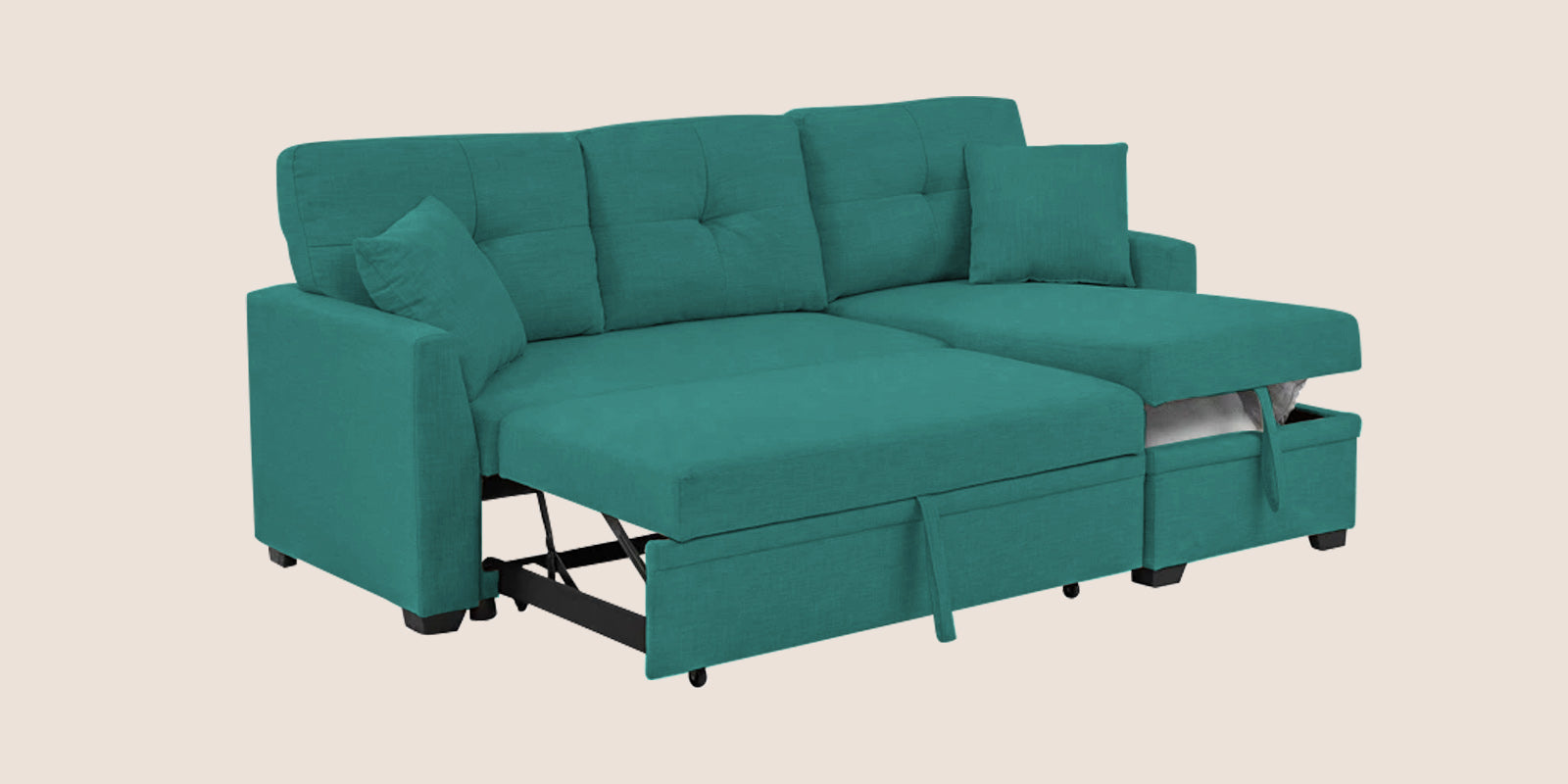 Jody Fabric 3 Seater Pull Out Sofa Cum Bed In Sea Green Colour With Storage - Febonic Living
