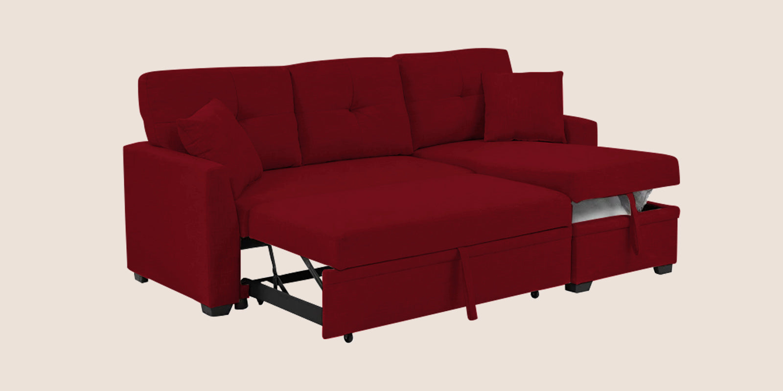 Jody Fabric 3 Seater Pull Out Sofa Cum Bed In Ruby Red Colour With Storage - Febonic Living