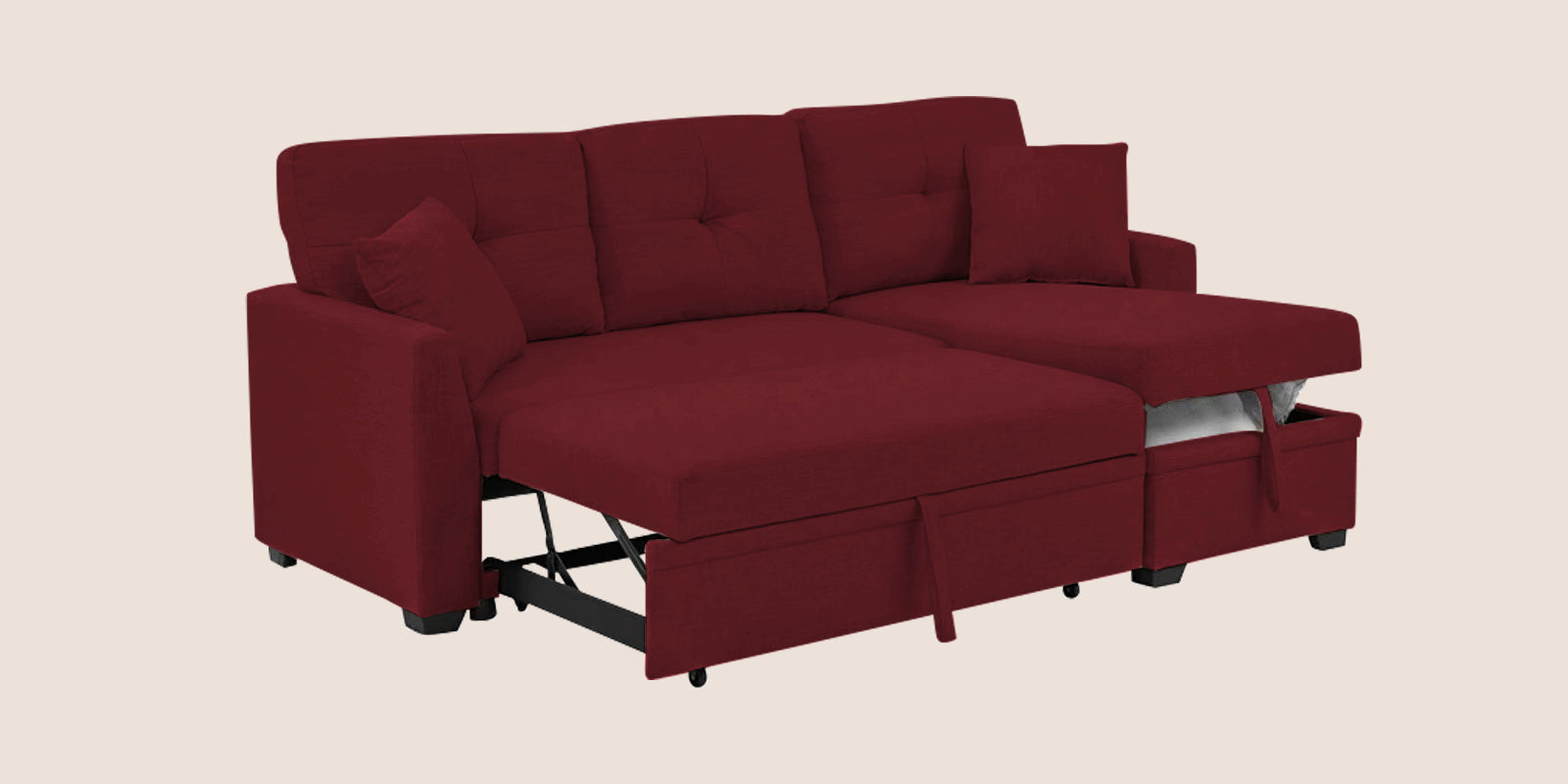 Jody Fabric 3 Seater Pull Out Sofa Cum Bed In Blood Maroon Colour With Storage - Febonic Living