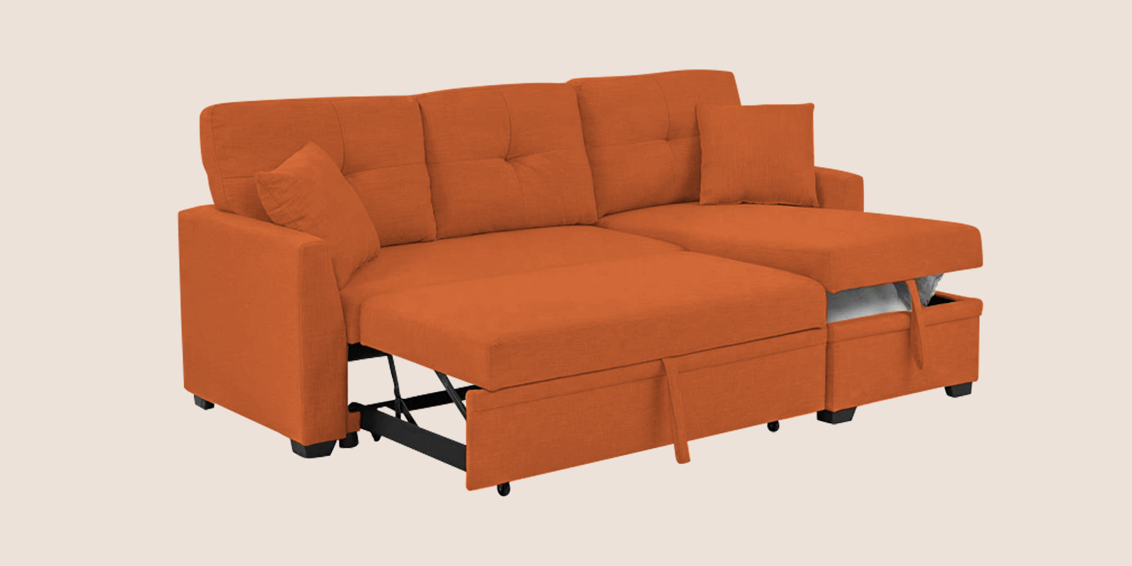 Jody Fabric 3 Seater Pull Out Sofa Cum Bed In Vivid Orange Colour With Storage - Febonic Living