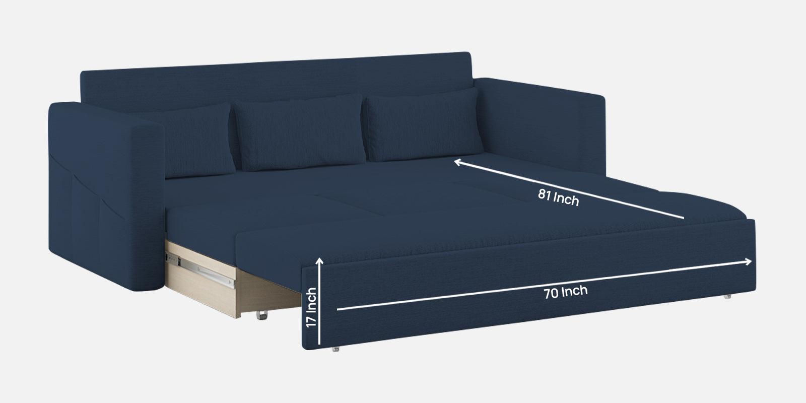 River Fabric 3 Seater Pull Out Sofa Cum Bed In Denim Blue Colour - Febonic Living