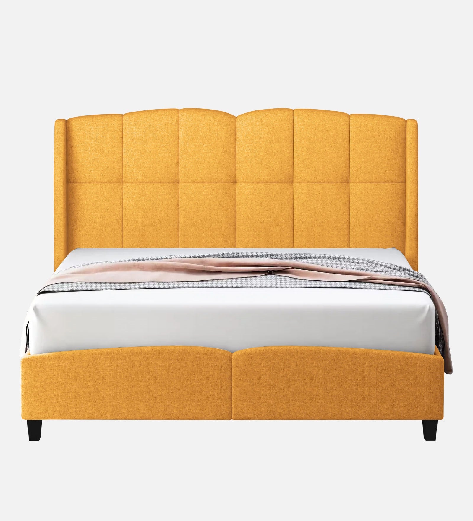 Jovi Velvet Upholstered Queen Size Bed In Turmeric Yellow Colour - Febonic Living