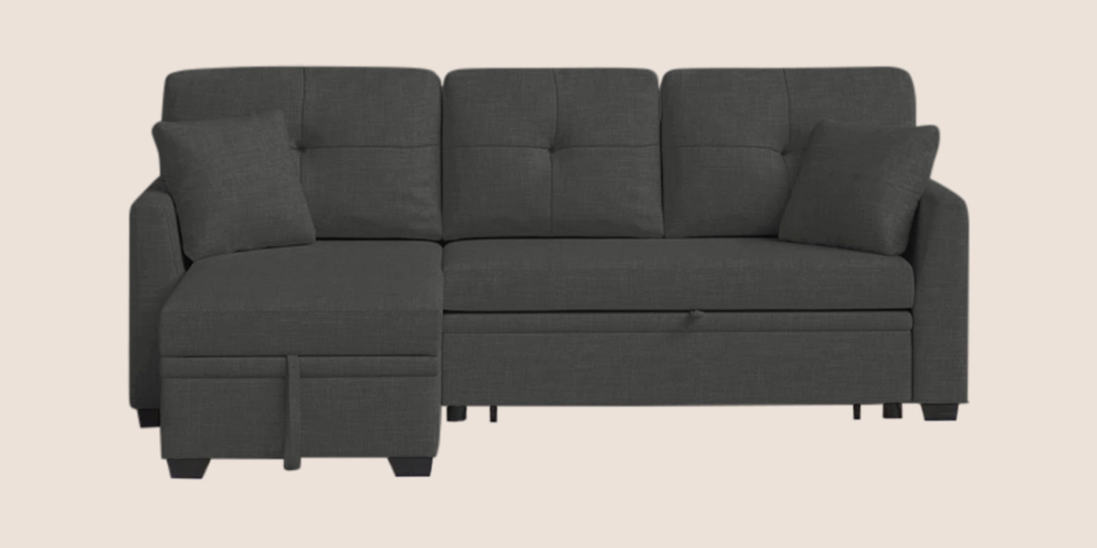 Jody Fabric 3 Seater Pull Out Sofa Cum Bed In Charcoal Grey Colour With Storage - Febonic Living