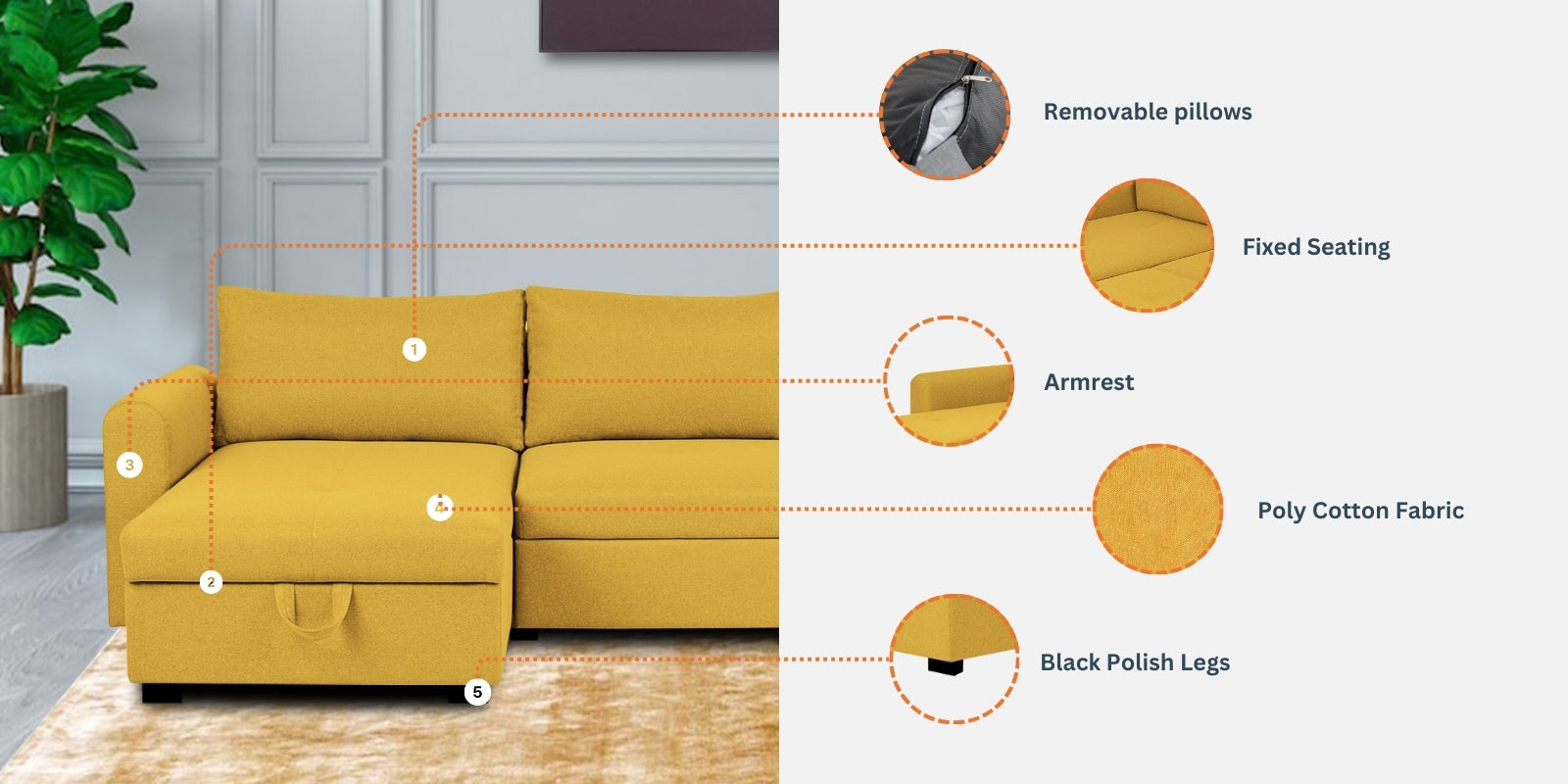 Sigma Fabric RHS Sectional Sofa (3+Lounger) In Ash Grey Colour - Febonic Living