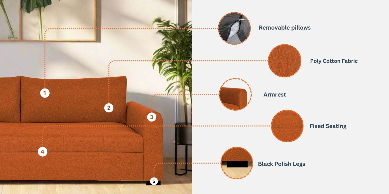 Sigma Fabric 3 Seater Sofa In Vivid Orange Colour - Febonic Living