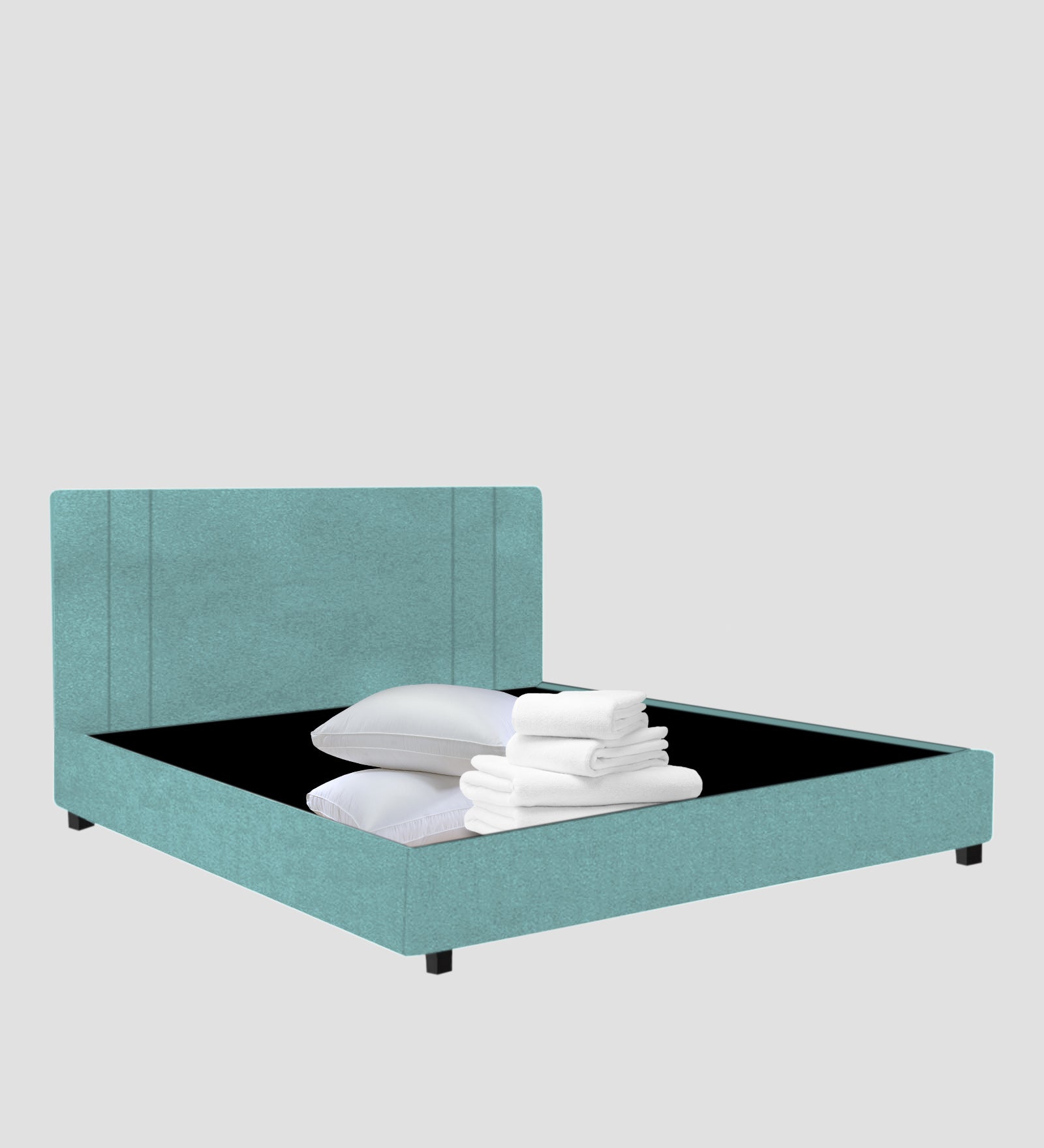 Asyra Velvet Queen Size Bed in Barmunda Aqua Colour With Box Storage - Febonic Living