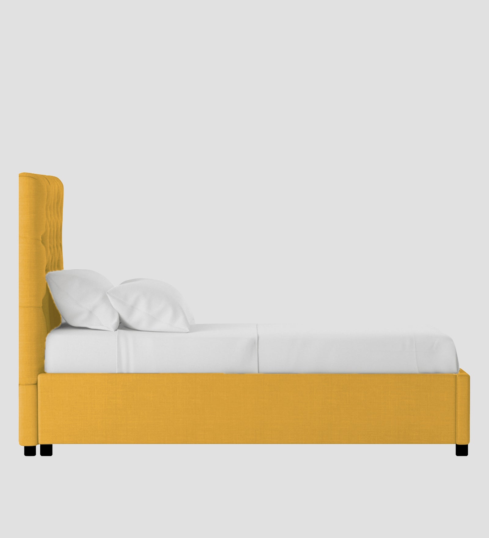 Isko Fabric Upholstered Single Bed in Bold Yellow Colour with Box Storage - Febonic Living