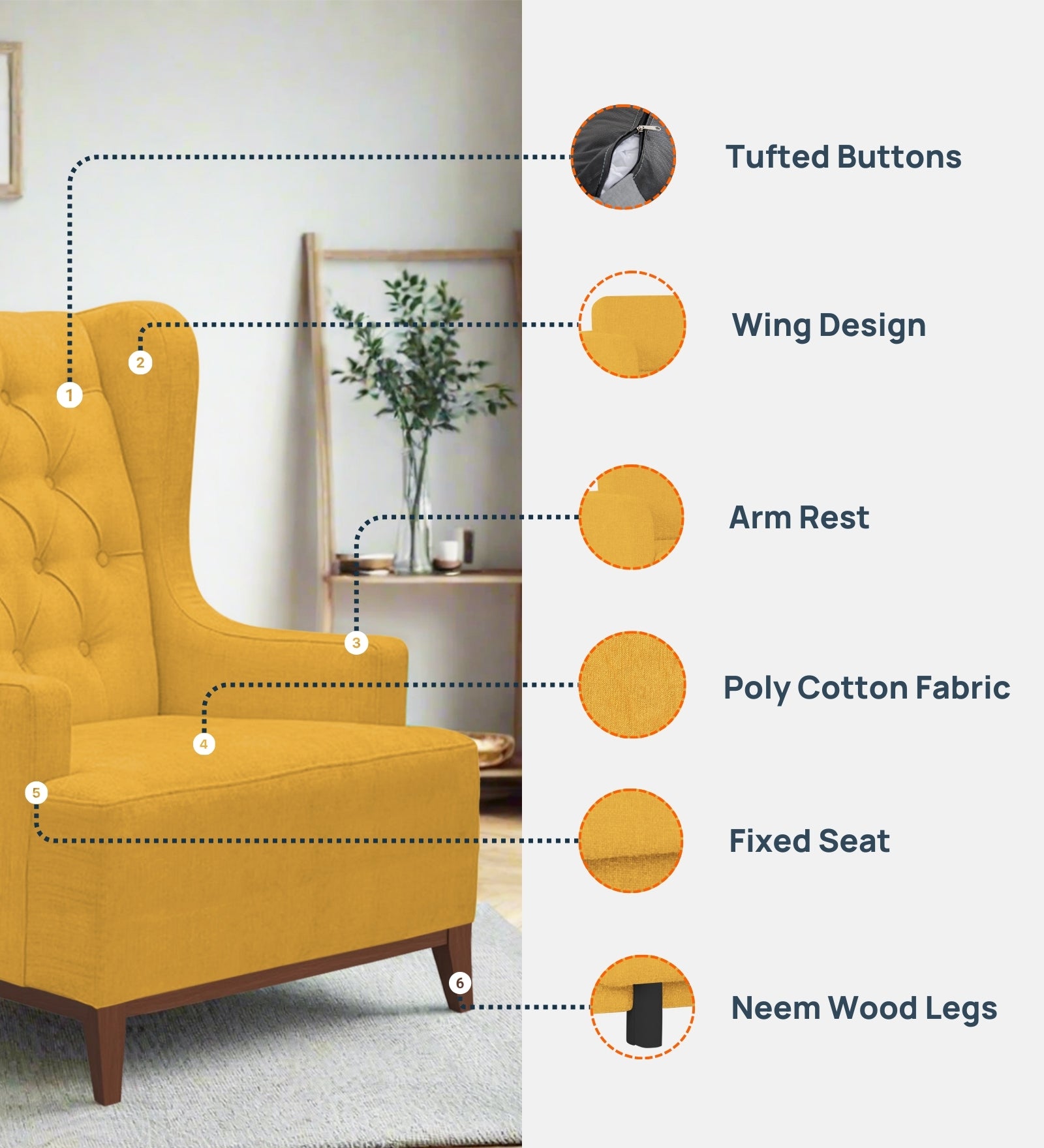 Kuchi Fabric Wing Chair In Light Blue Colour - Febonic Living