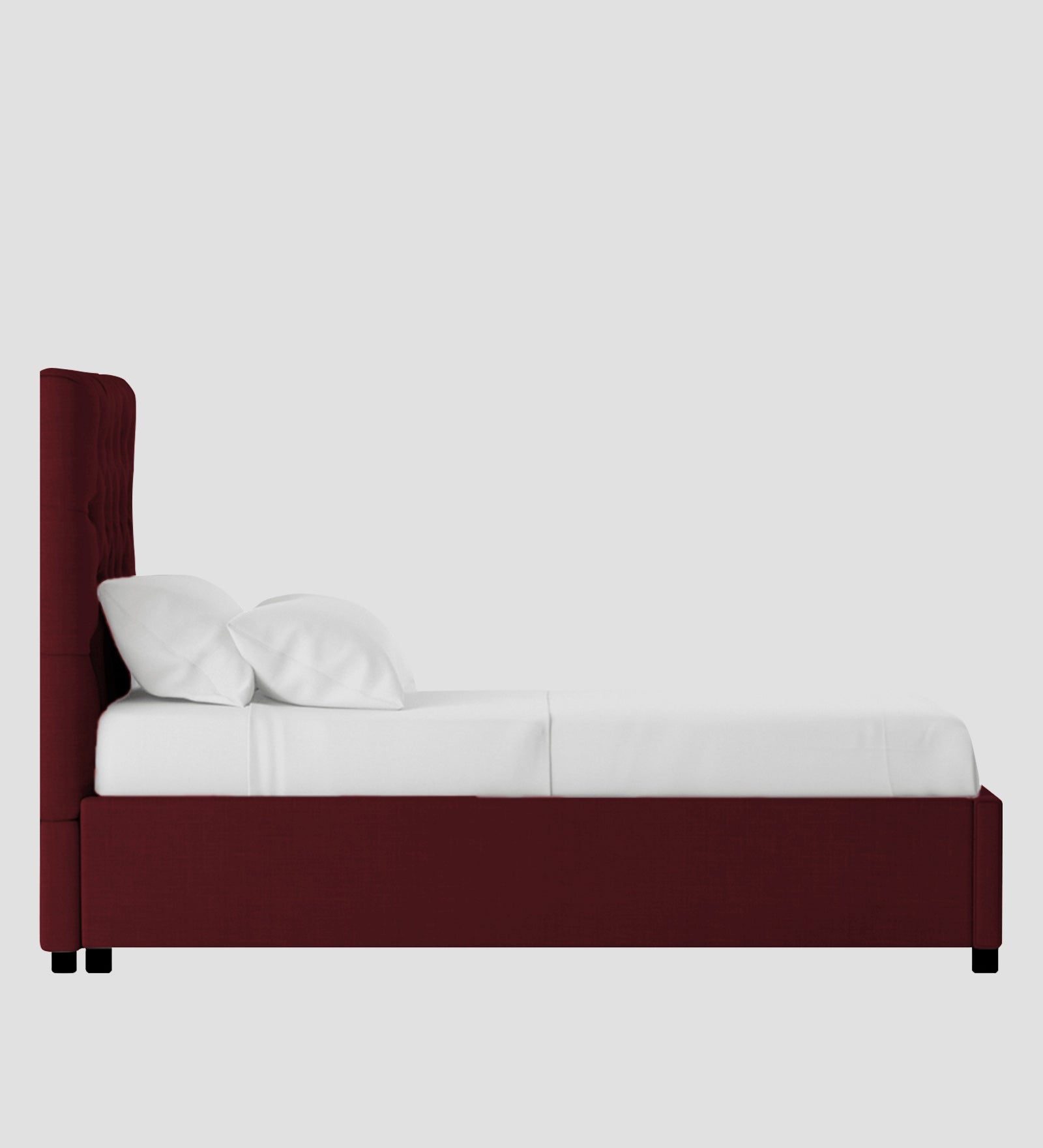 Isko Fabric Upholstered Single Bed in Blood Maroon Colour with Box Storage - Febonic Living